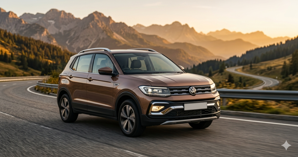 Volkswagen Taigun 2026 brown SUV front view with LED headlights on mountain road