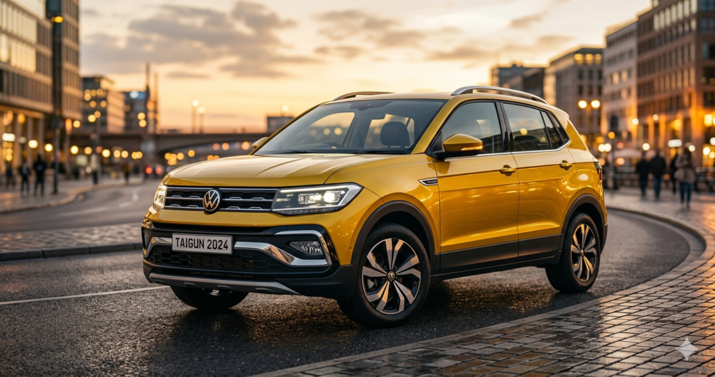 Volkswagen Taigun 2026 driving in city road with modern SUV styling
