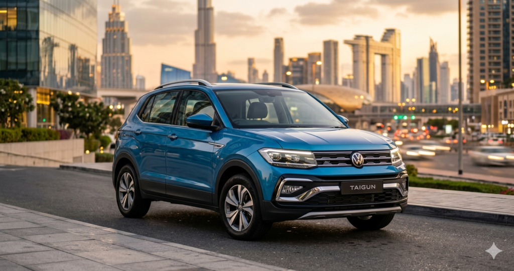 Volkswagen Taigun 2026 driving in city road with modern SUV styling