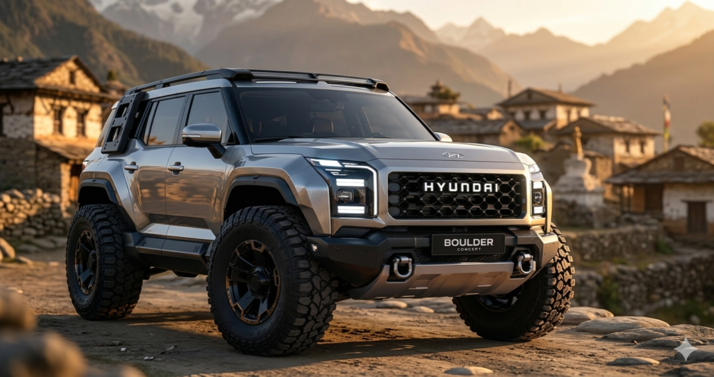 Hyundai Boulder concept SUV mountain road golden hour cinematic photography style