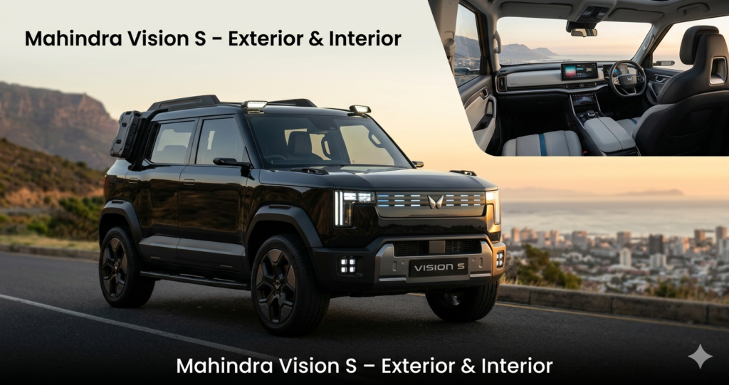 "Mahindra Vision S exterior 3/4 view and premium interior design with golden hour cinematic lighting.