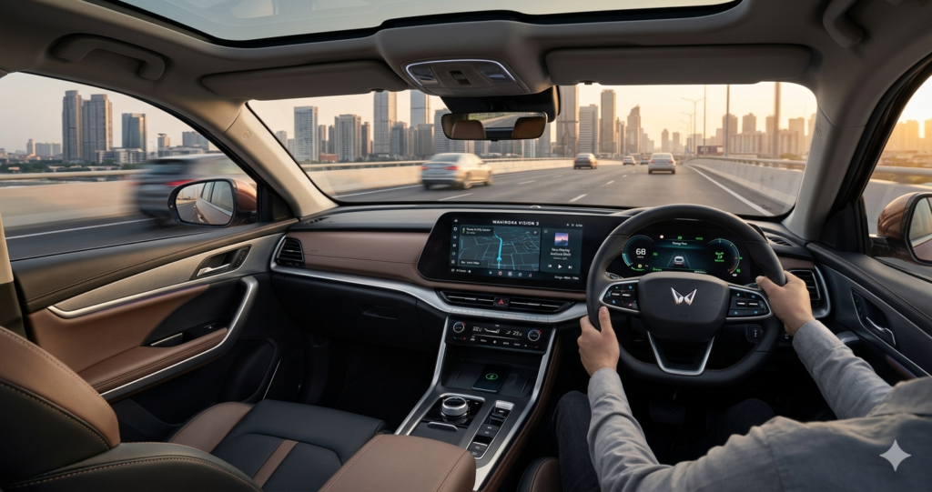 Mahindra Vision S interior technology features dual screen ADAS"