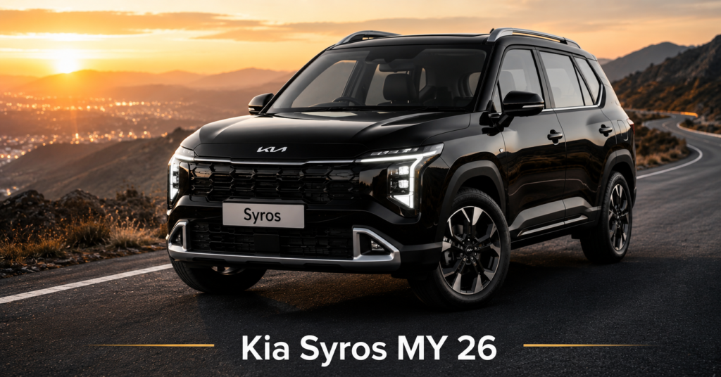 Generate a high-quality realistic image of  Kia Syros MY26 – Launch on 20 April 2026 Image size: 1200x628 Format: PNG Design: - Car in 3/4 front view -Kia Syros MY26 – Launch on 20 April 2026 - Metallic color (black  - Sharp LED headlights and premium look Background: - Amazing cinematic background - Mountain road or sunset city view - Soft golden lighting - Depth of field blur effect Style: - Ultra realistic - High resolution - Professional automotive photography - Clean and S EO friendly blog image