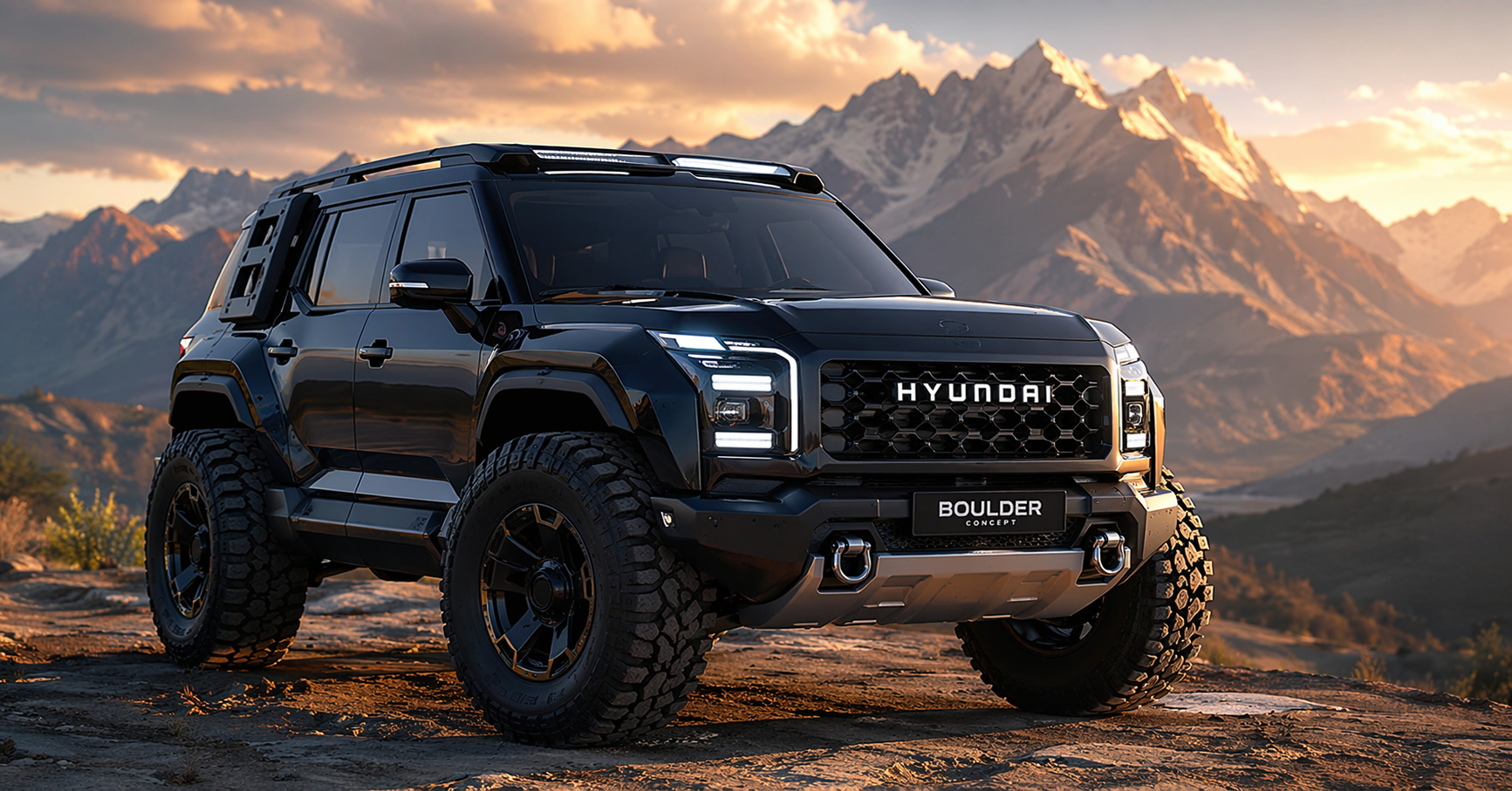 Hyundai Boulder 2026 black SUV front 3/4 view mountain background cinematic lighting