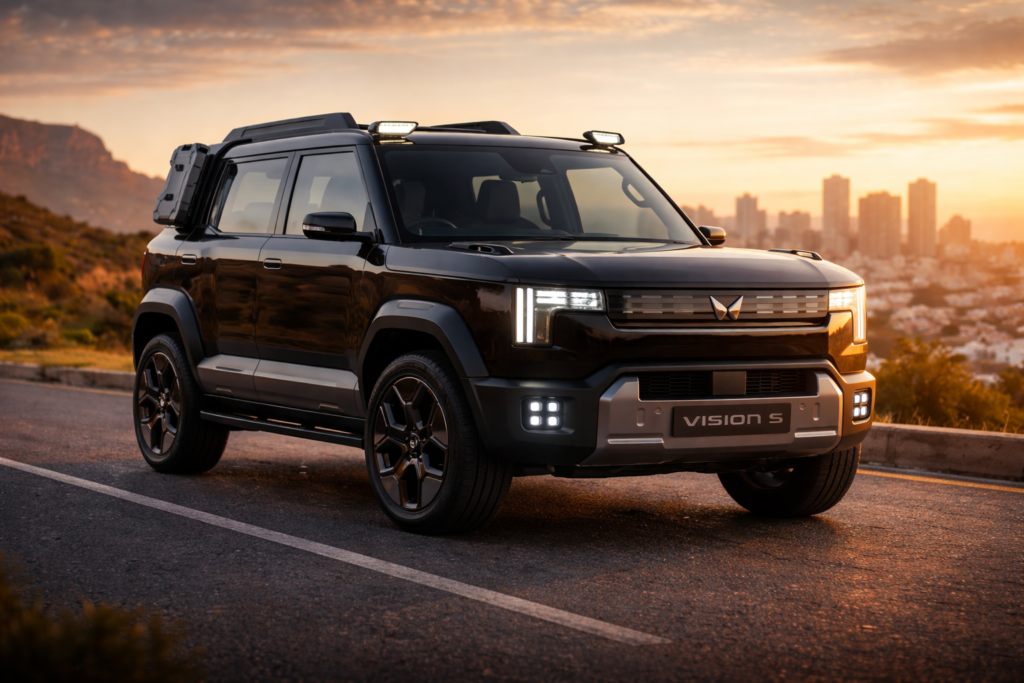 Mahindra Vision S Electric SUV 2026 3/4 front view with LED headlights and modern design on city road