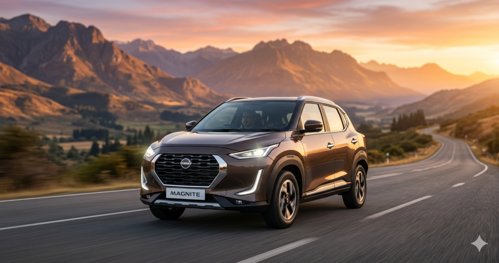 A realistic 3/4 front view of a metallic brown Nissan Magnite CNG driving on a winding mountain road during a golden hour sunset.