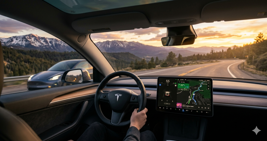 A detailed, close-up photograph of the interior cockpit of a Tesla Model Y, focused on the central dashboard and the large 15-inch landscape touchscreen