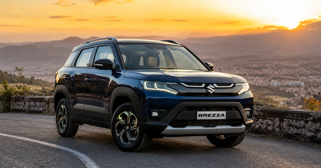 Maruti Suzuki Brezza SUV on a mountain road at sunset with LED headlights and premium styling.