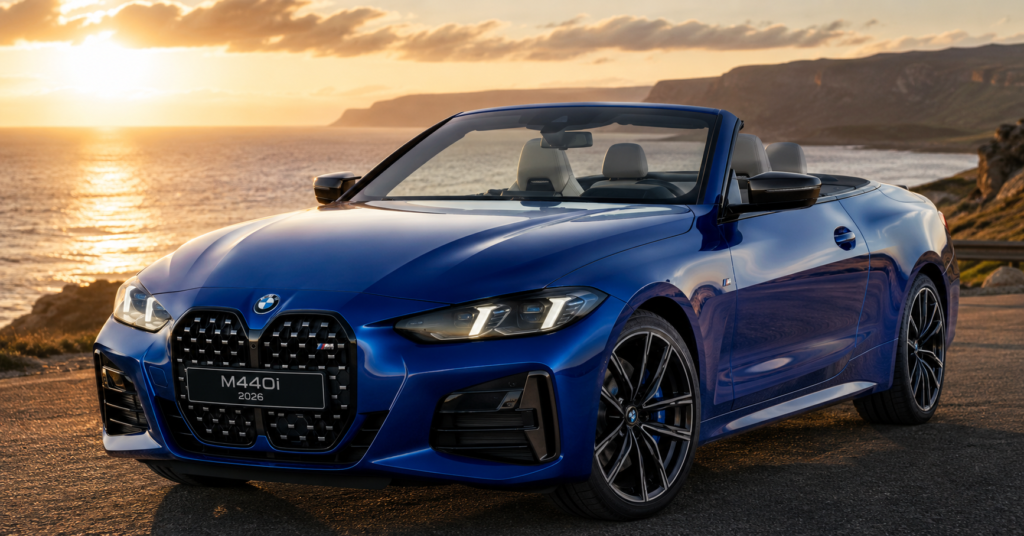 BMW M440i 2026 Convertible front view India Portimao Blue"