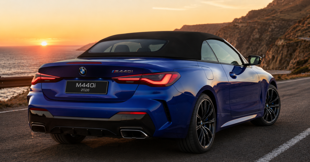 BMW M440i 2026 rear view soft top convertible LED taillamps