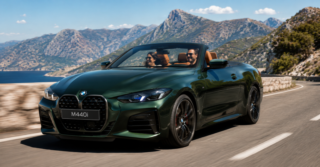 BMW M440i convertible roof open driving India highway