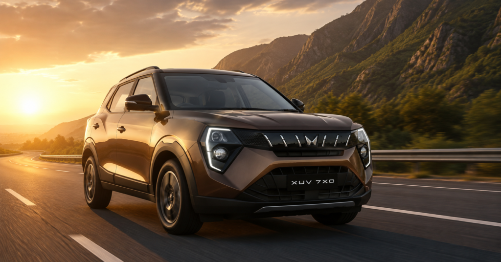 Mahindra XUV 7XO 2026 brown SUV driving on NH highway during sunset with cinematic mountain background and LED headlights