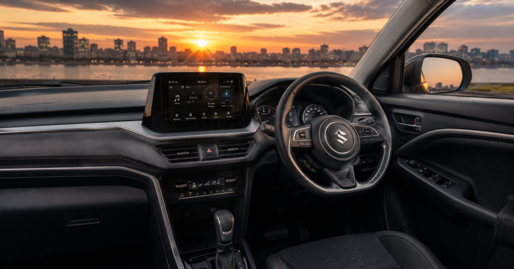Maruti Brezza 2026 interior dashboard touchscreen digital cluster review