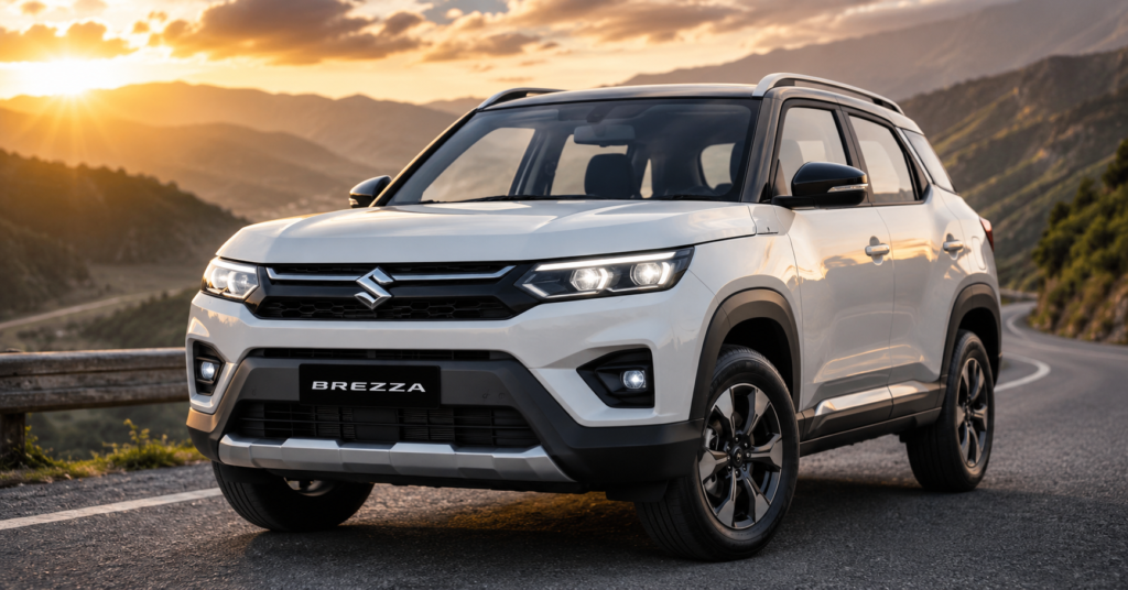 Maruti Brezza 2026 front view LED headlights India review