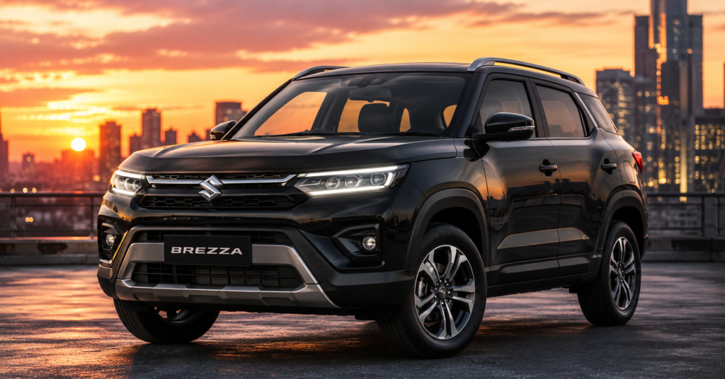 Maruti Brezza 2026 front view SUV at sunset city background.