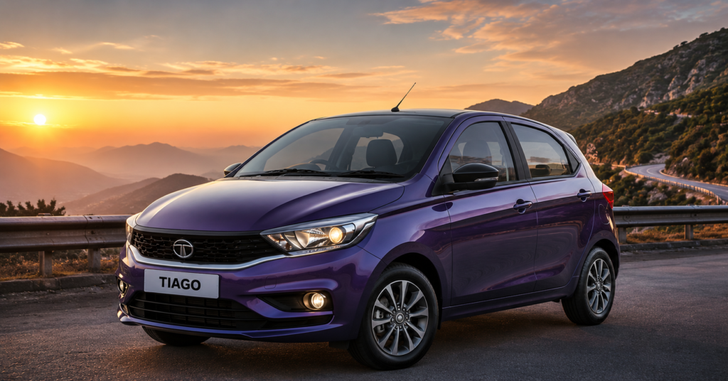 Tata Tiago on cinematic mountain road at sunset with premium sporty look.
