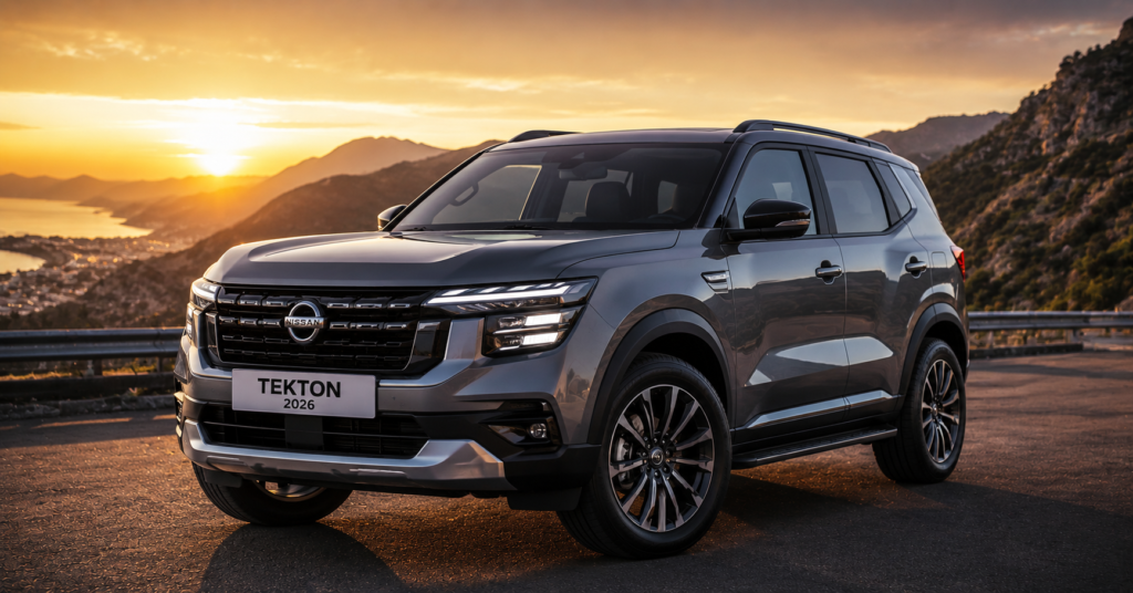 Nissan Tekton 2026 SUV on cinematic mountain road with premium LED headlights at sunset.