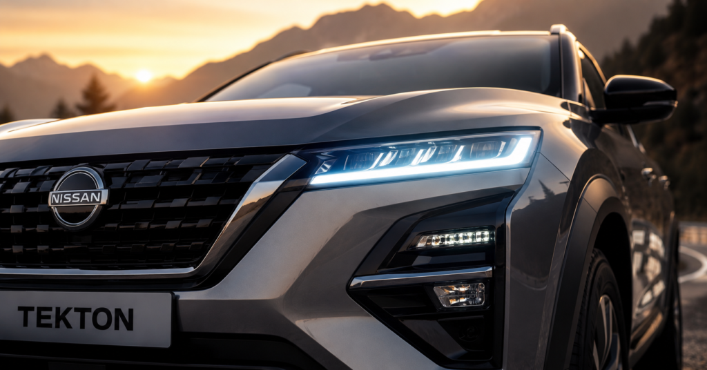 LED headlight close-up of metallic black premium car on cinematic sunset road