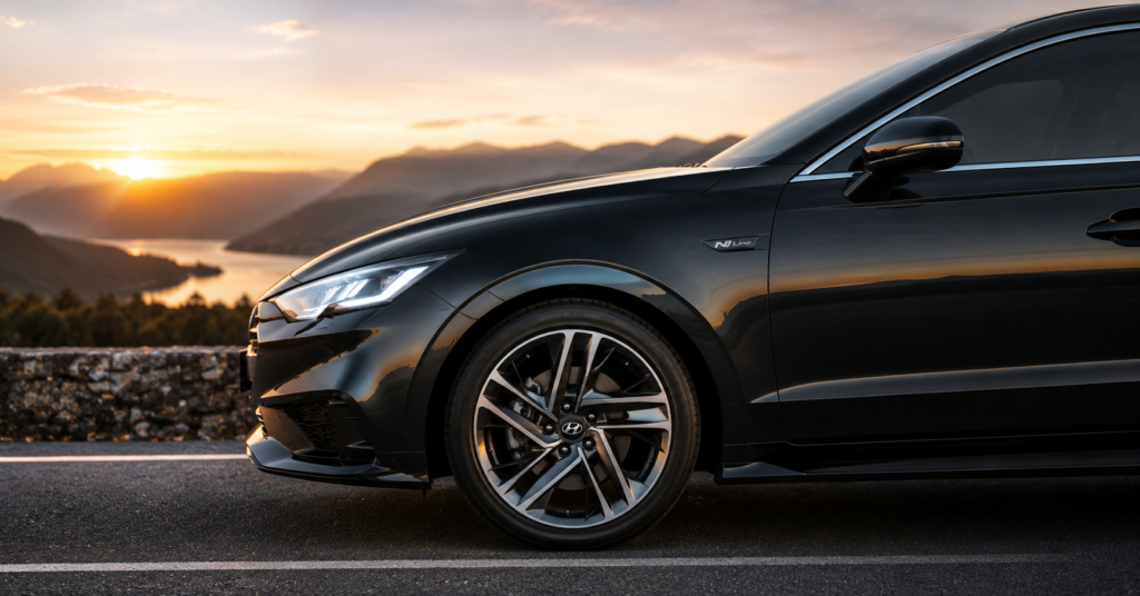 Black premium car with alloy wheels and LED headlights on sunset mountain road.
