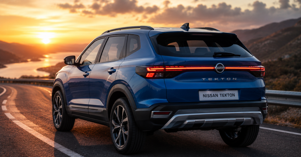 Blue Nissan Tekton rear design with connected LED tail lamps on cinematic mountain road background