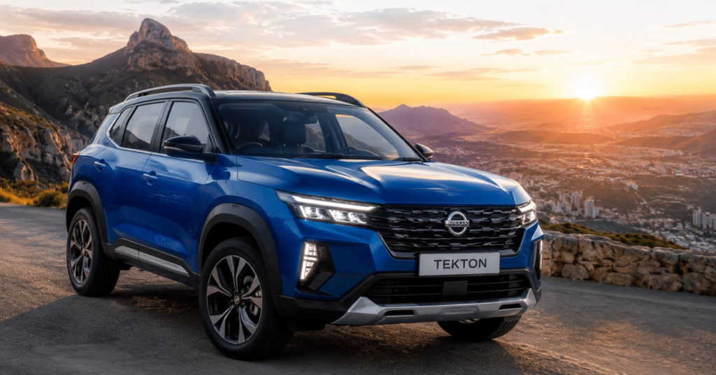 Blue Nissan Tekton SUV on a cinematic mountain road at sunset with premium LED headlights.”