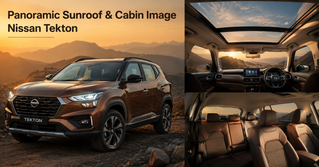 Nissan Tekton panoramic sunroof and premium cabin interior with luxury dashboard and sunset mountain background.