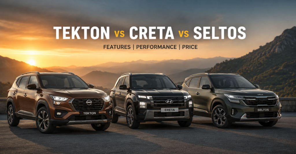 Tekton vs Creta vs Seltos SUV comparison with sunset background