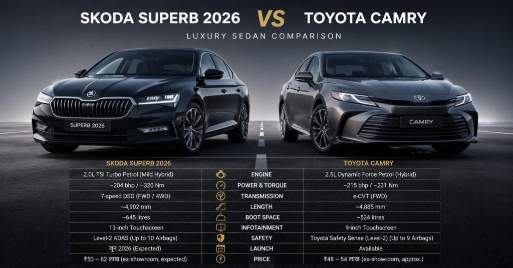Skoda Superb 2026 vs Toyota Camry — कौन जीतेगा?