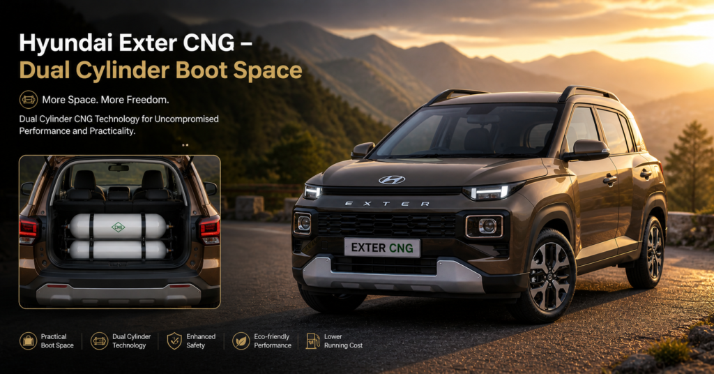 hyundai exter cng boot space dual cylinder 225 litres"