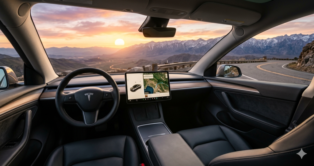 wide-angle photograph taken from the perspective of the passenger cabin of a modern Tesla Model Y,