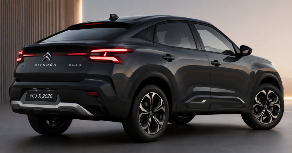Citroen eC3 X 2026 electric SUV coupe rear view with LED taillights and sporty coupe styling.