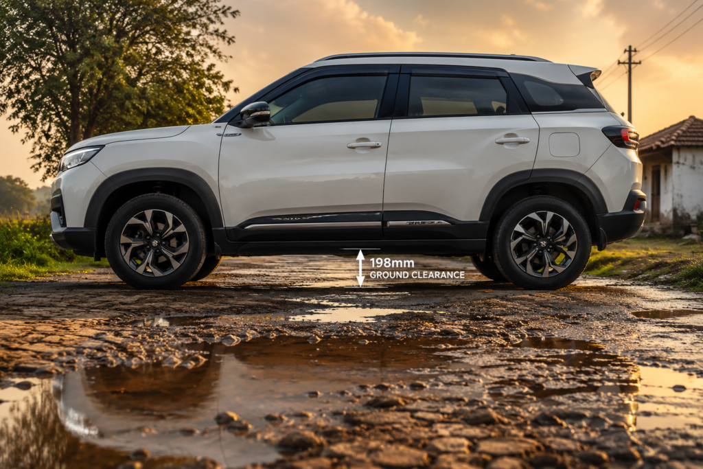 Maruti Brezza ground clearance 2026 198mm side view on Indian road