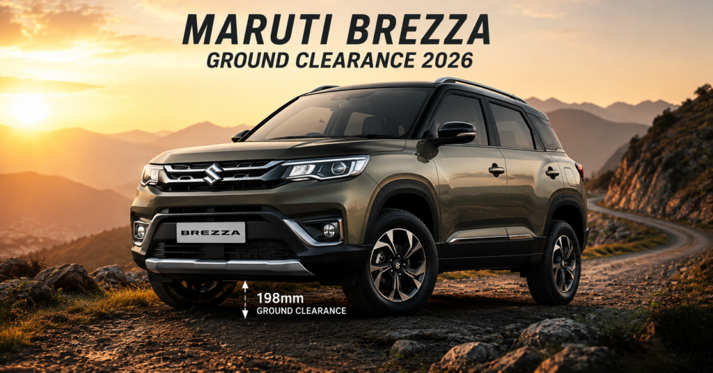 Maruti Brezza Ground Clearance 2026 with 198mm clearance on a mountain road."