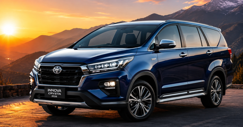 Toyota Innova Crysta 2026 front view in blue color with premium MPV styling, LED headlights and scenic sunset mountain background