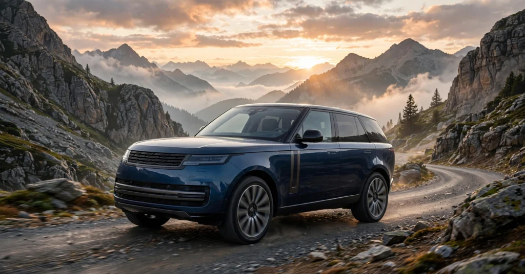 Range Rover Electric driving through mountains at sunrise