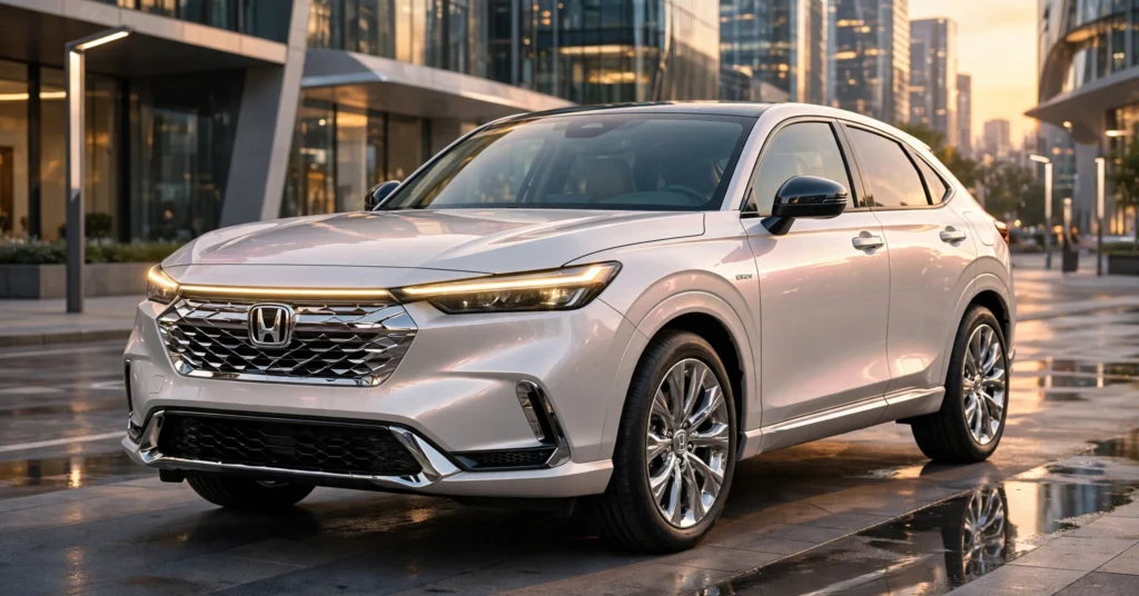 Honda ZR-V e:HEV 2026 प्रीमियम हाइब्रिड SUV का फ्रंट थ्री-क्वार्टर व्यू, LED DRLs, 18-इंच अलॉय व्हील्स और मॉडर्न सिटी बैकग्राउंड के साथ।