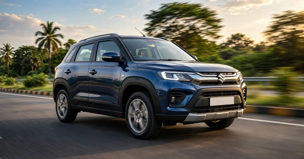 2026 Maruti Suzuki Brezza कॉम्पैक्ट SUV का फ्रंट थ्री-क्वार्टर व्यू, भारतीय हाईवे पर गोल्डन आवर में ड्राइव करते हुए, LED DRLs और 198 mm ग्राउंड क्लीयरेंस के साथ।