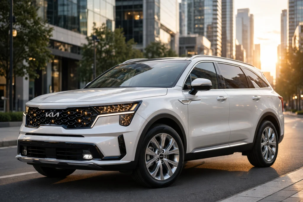2026 Kia Sorento Hybrid front view with LED headlights, tiger-nose grille and premium SUV design in Glacier White.