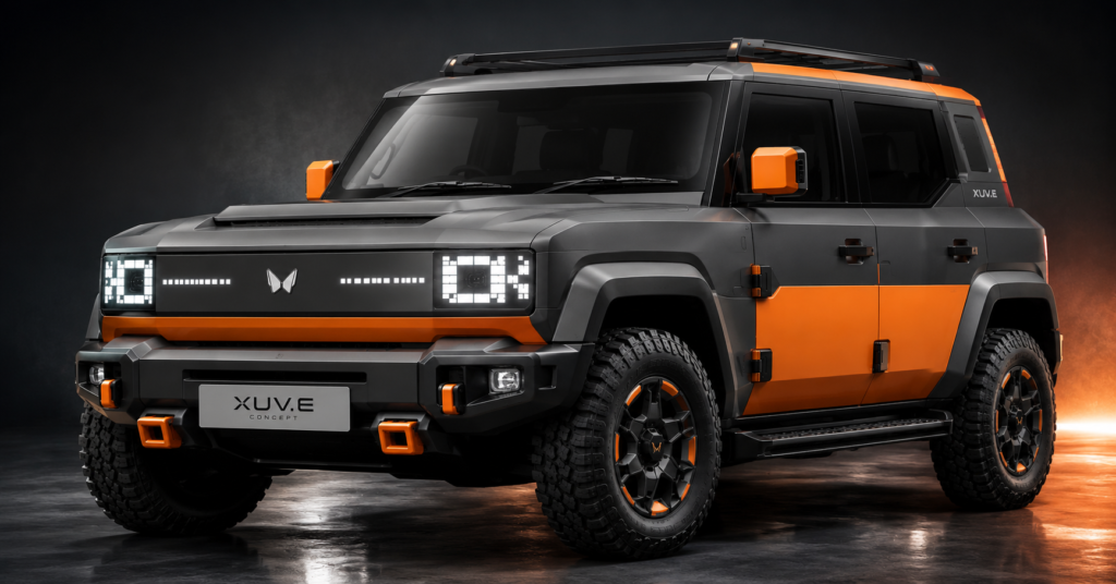 Mahindra Thar e Electric Suv: कॉन्सेप्ट का फ्रंट व्यू, स्क्वायर LED हेडलैंप्स और रग्ड डिज़ाइन के साथ