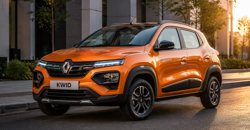 रेनो क्विड 2026 फेसलिफ्ट ऑरेंज क्लाइम्बर वेरिएंट फ्रंट थ्री-क्वार्टर व्यू