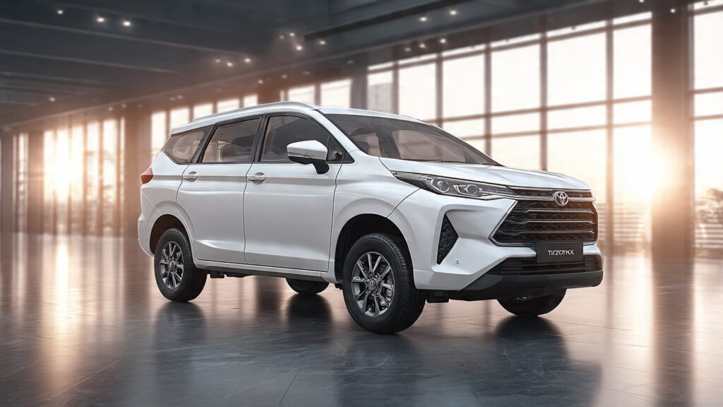 Toyota Innova Hycross ZX Hybrid Pearl White डीलरशिप शोरूम में खड़ी"