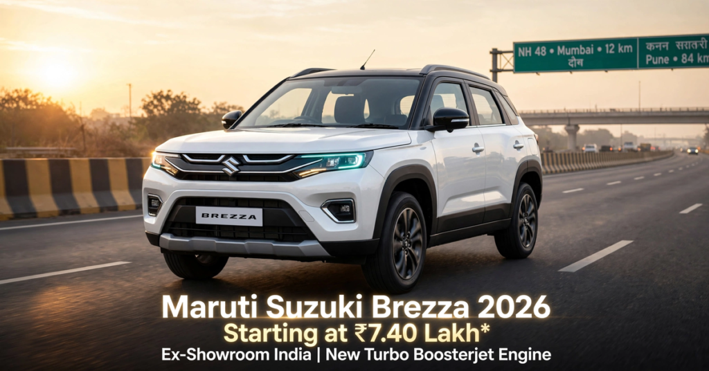 2026 Maruti Suzuki Brezza in white dual-tone, parked on highway at golden hour. Text: Starting ₹7.40 Lakh ex-showroom India.