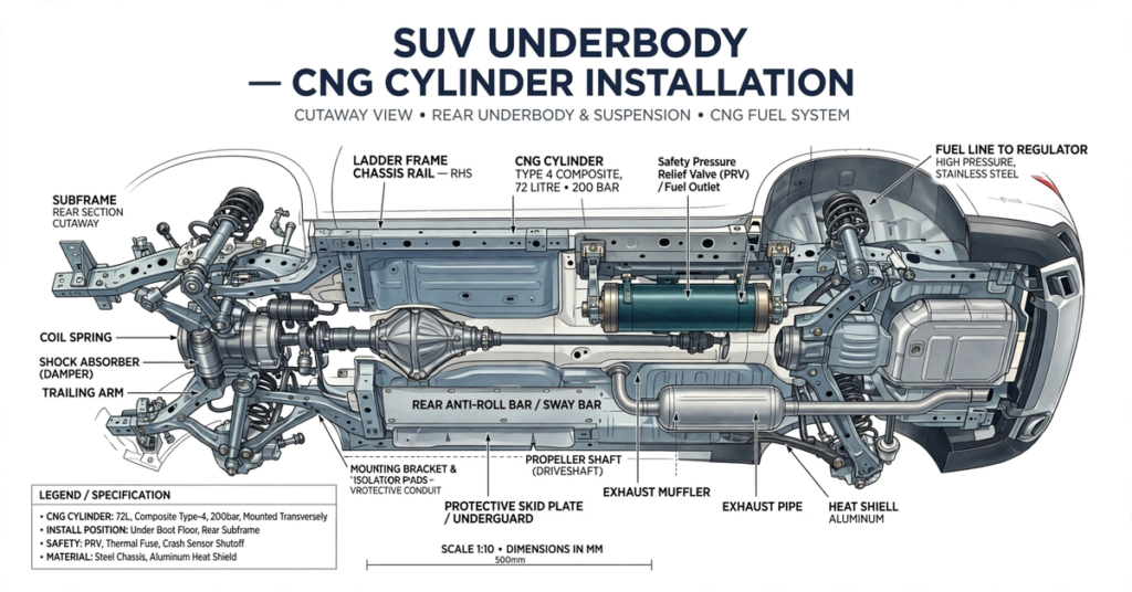 Brezza 2026 CNG underbody cylinder mounting layout